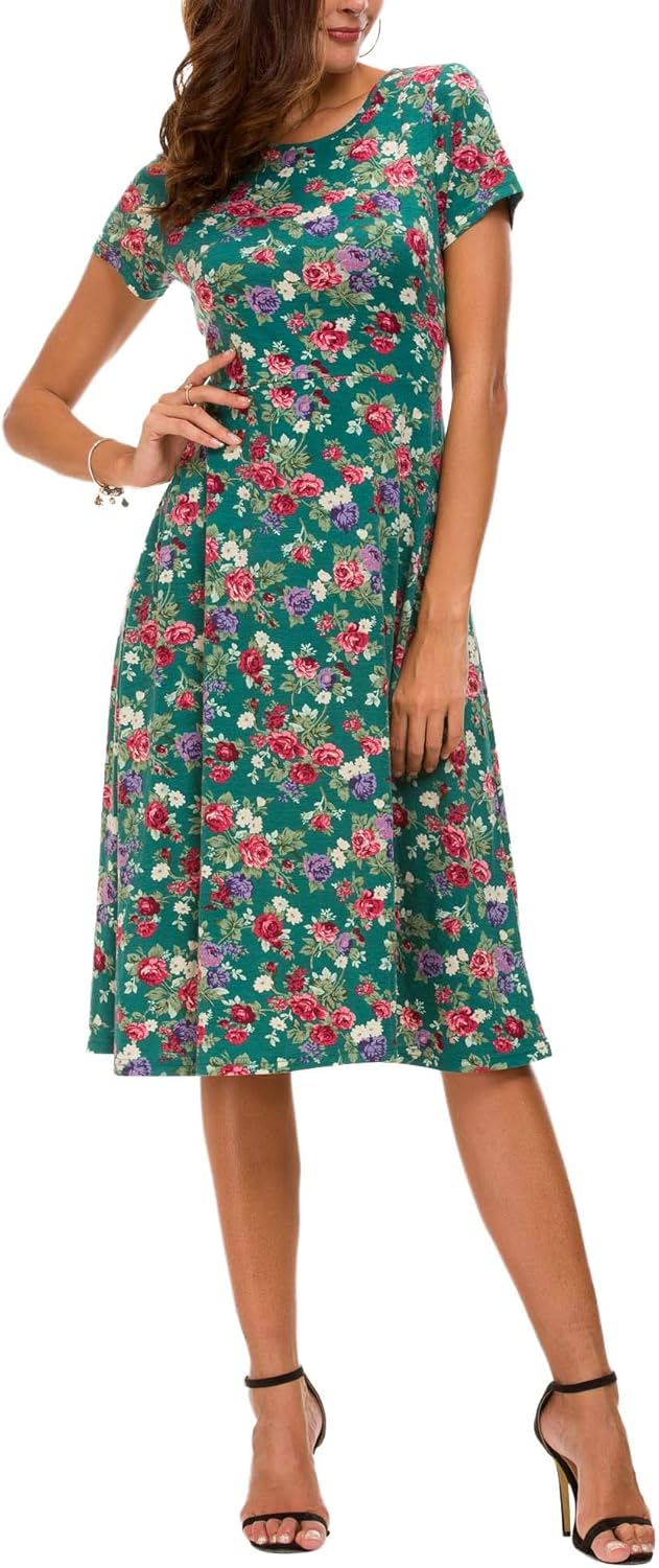 Léonie Women's Floral Midi Dress – Flared Dress with Short Sleeves and Round Neck for Summer