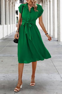 Camille Midi Dress for Women – V-Neck Buttoned Dress with Belt and Pockets Summer