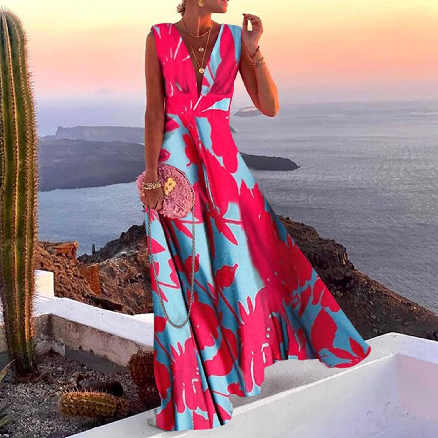 Maya Long Bohemian Dress for Women – Sleeveless Dress with V-Neck, Zipper, and Elegant Print