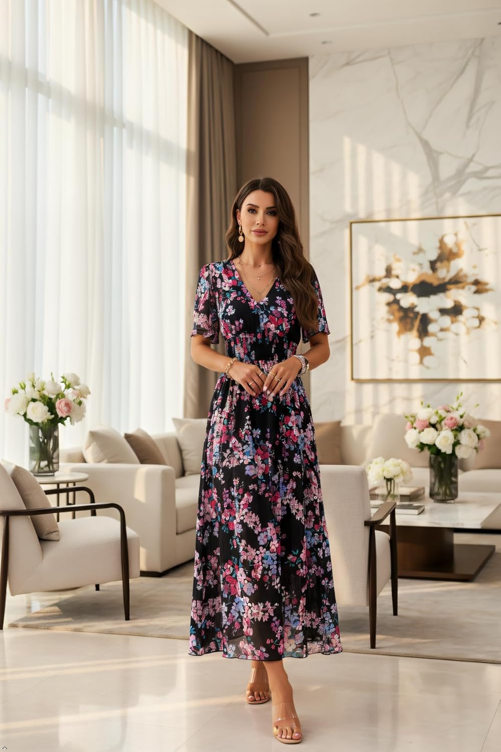Jade Women's Maxi Floral Dress – High Waist, V-Neck, Short Sleeves Bohemian Summer