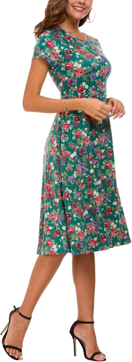 Léonie Women's Floral Midi Dress – Flared Dress with Short Sleeves and Round Neck for Summer