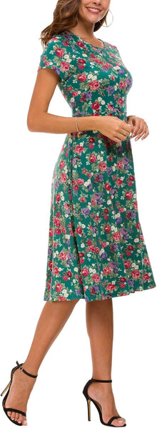 Léonie Women's Floral Midi Dress – Flared Dress with Short Sleeves and Round Neck for Summer
