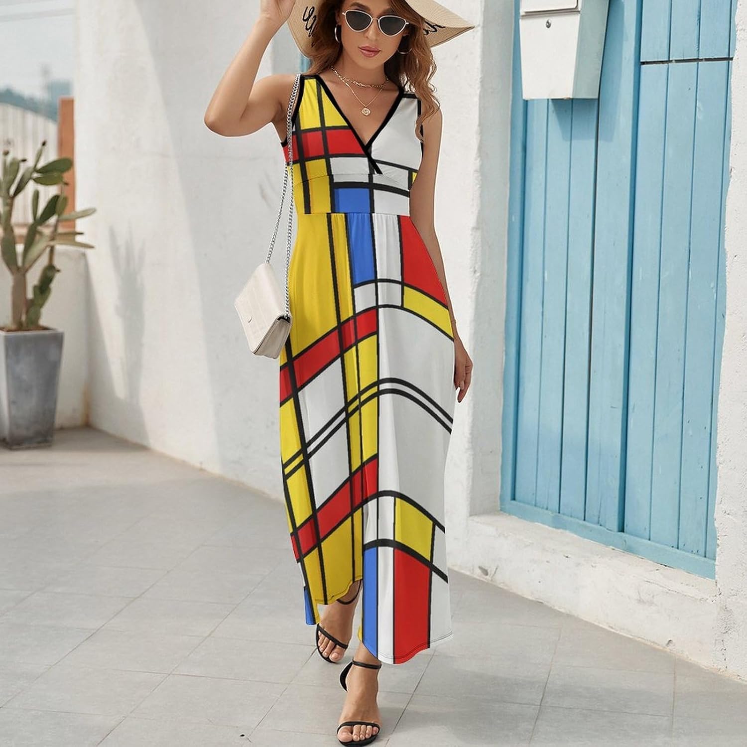 Lena Women's Dress – Sleeveless V-Neck Maxi Dress High Waist Modern Pattern Summer