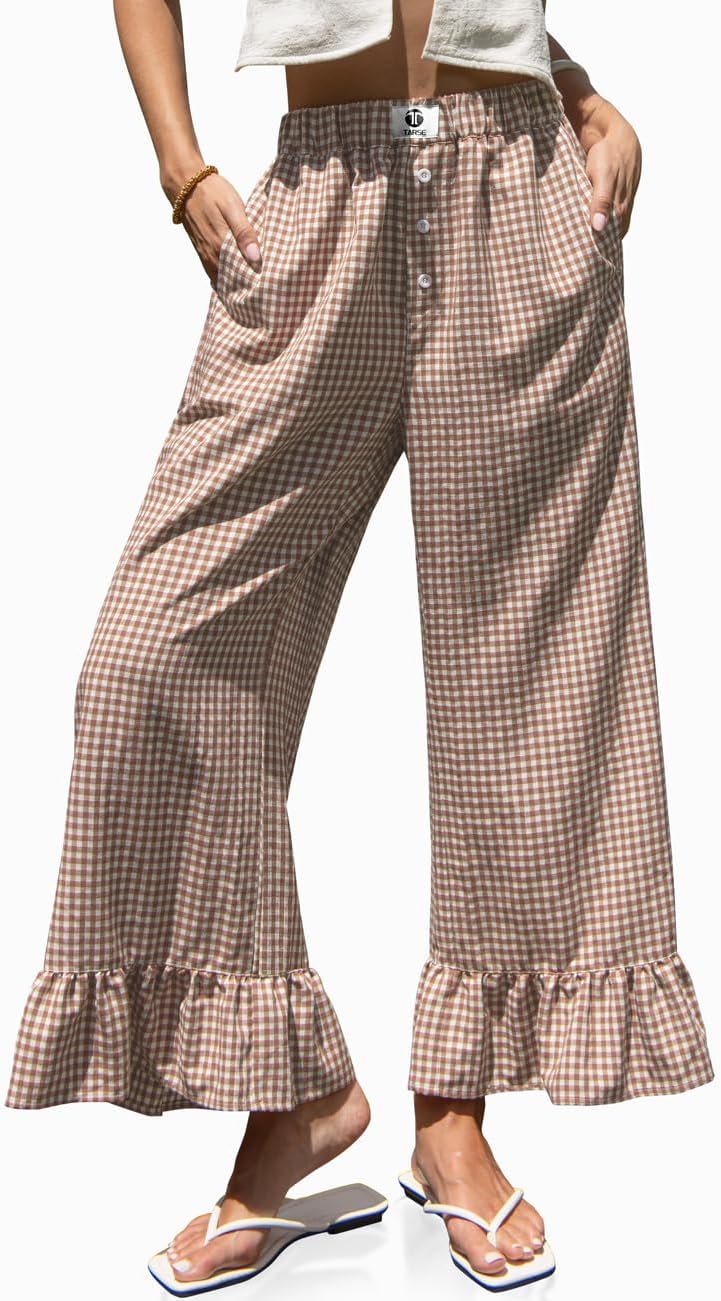 Kamil Women's Pants – Wide Checkered Palazzo with Ruffles & Drawstring Waist