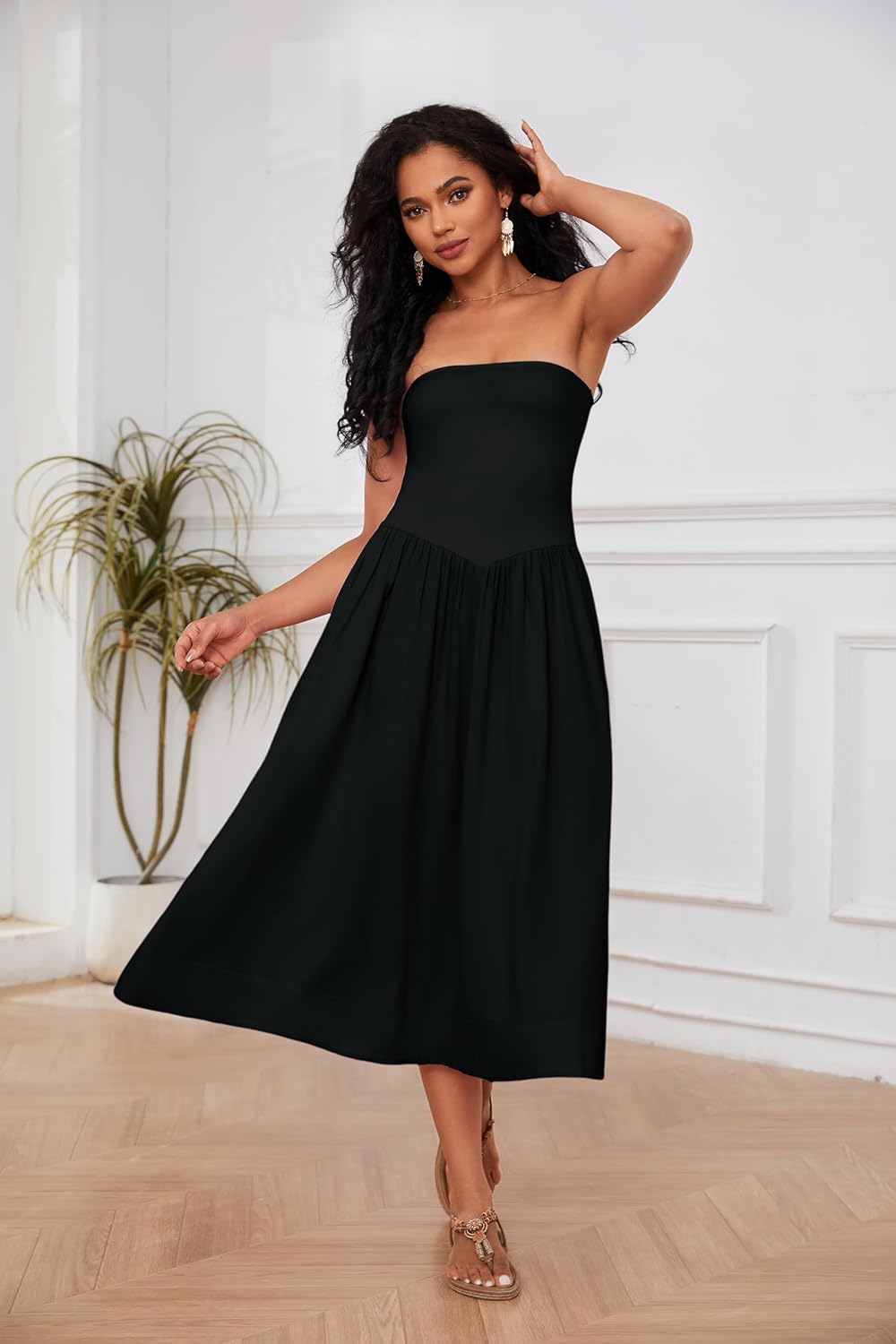 Lina Midi Dress for Women – Sleeveless Bustier Dress with Low Waist A-Line Summer Chic