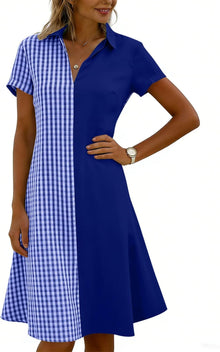 Julie Women's Dress – Plaid Dress with V-Neck, Short Sleeves, Flowing Bohemian Cut, Summer