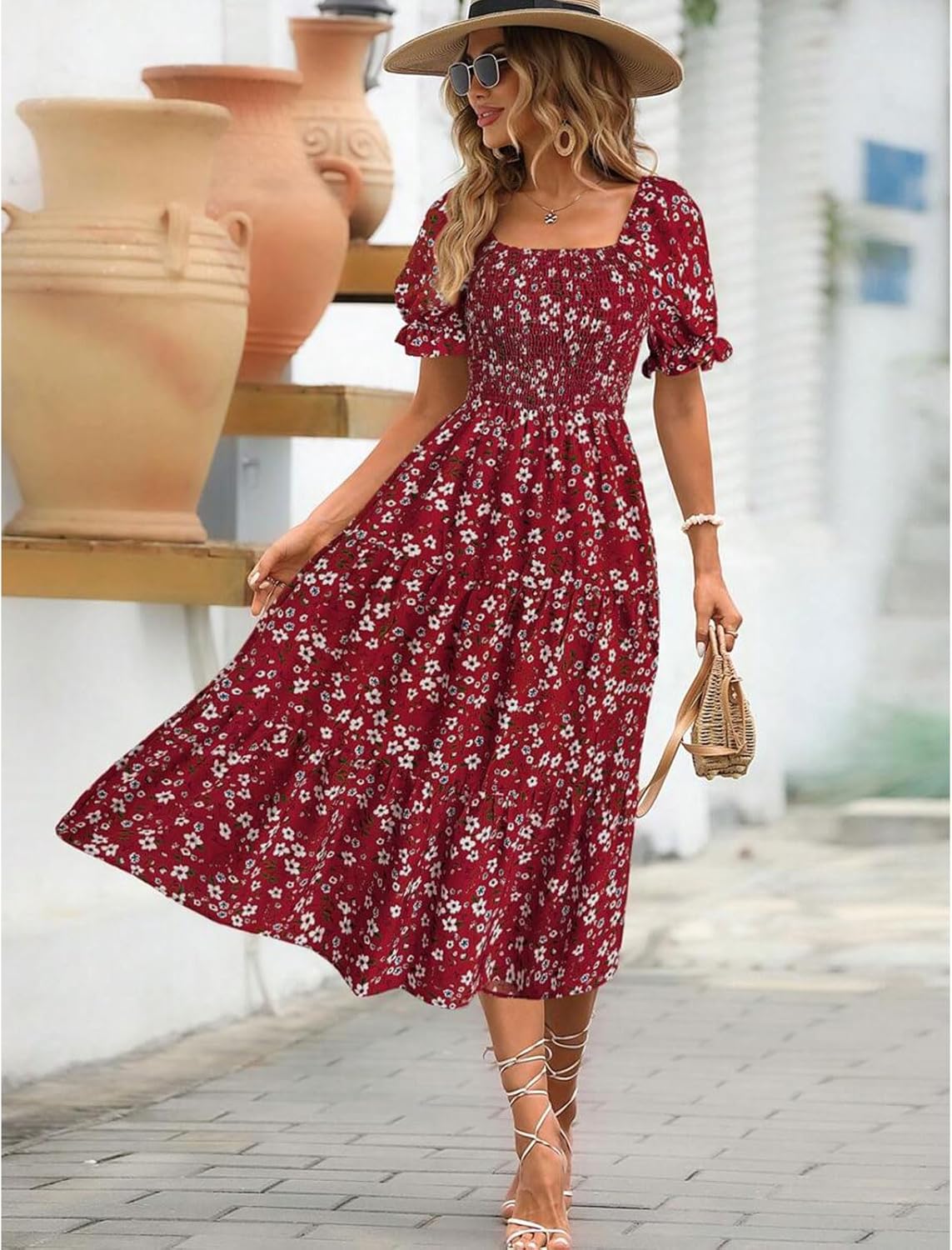 Angeli Women's Floral Dress – Puff Sleeves, Tied Waist, Chic Mini Summer Cut