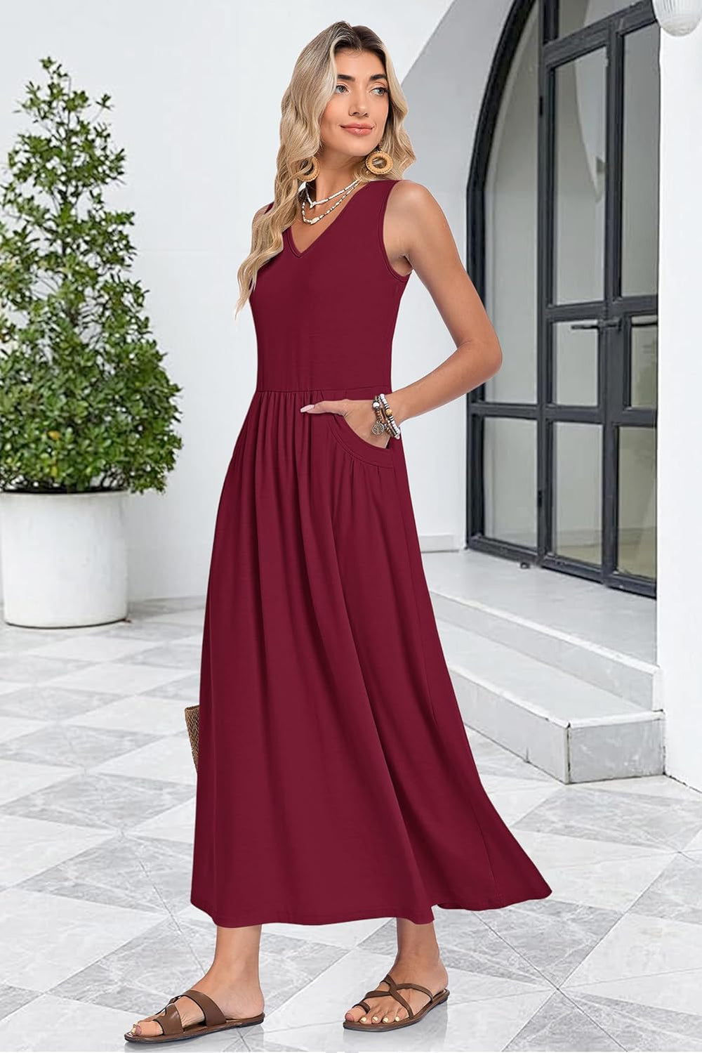 Faye Maxi Dress for Women Summer – Long V-Neck Sleeveless Dress, A-Line Cut & Pockets