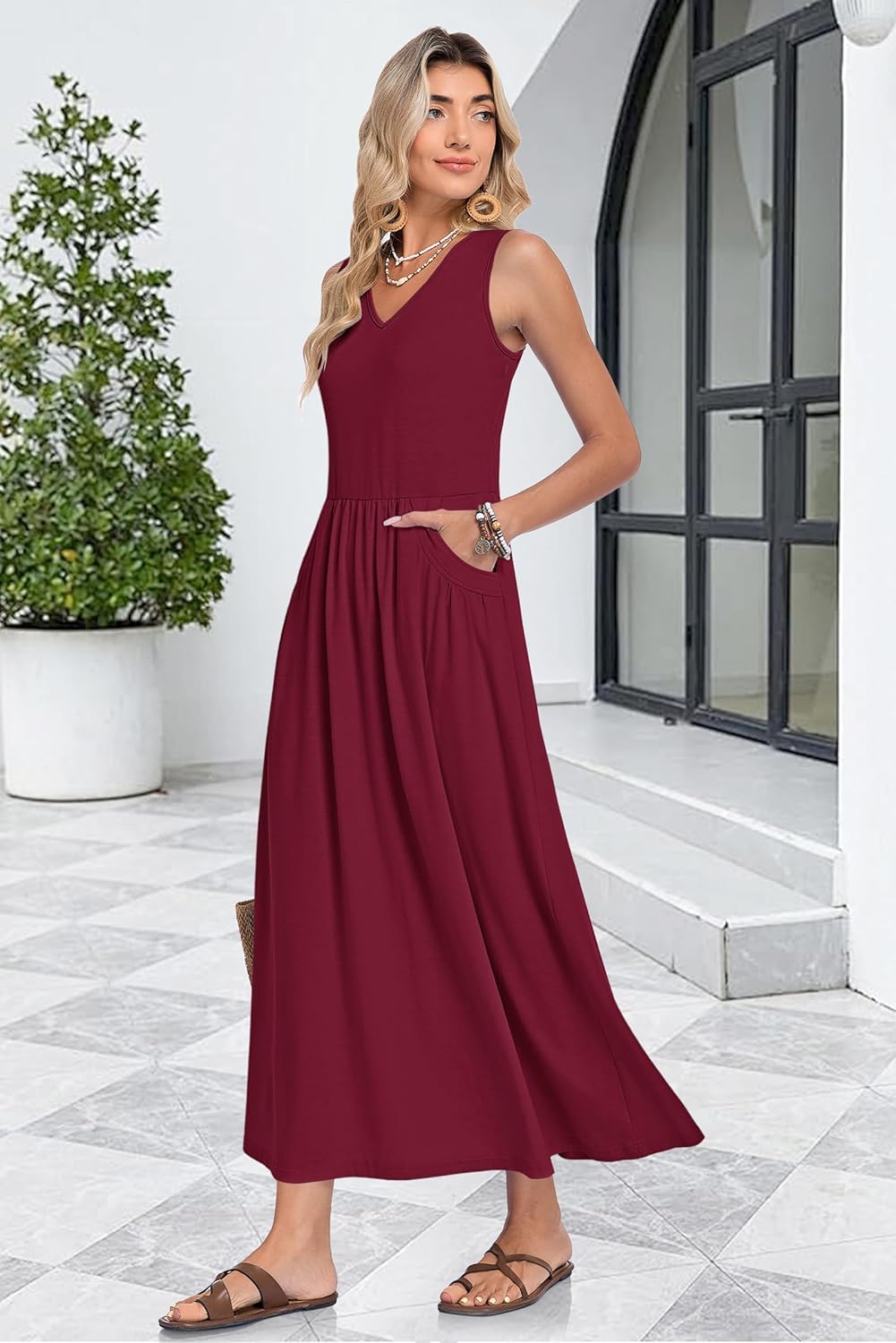 Faye Maxi Dress for Women Summer – Long V-Neck Sleeveless Dress, A-Line Cut & Pockets