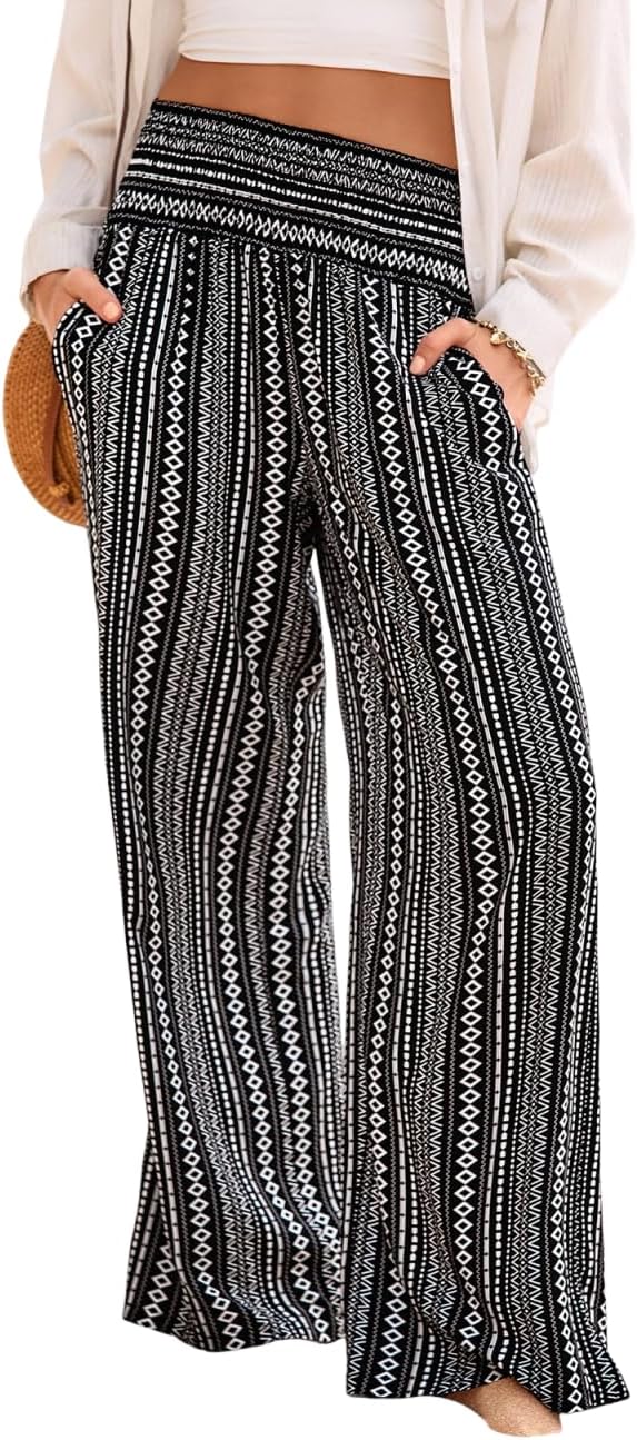 Lola Women's Pants – Floral Palazzo with Smocked Waist, Wide & Pockets Summer