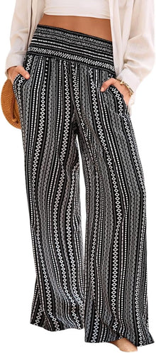 Lola Women's Pants – Floral Palazzo with Smocked Waist, Wide & Pockets Summer