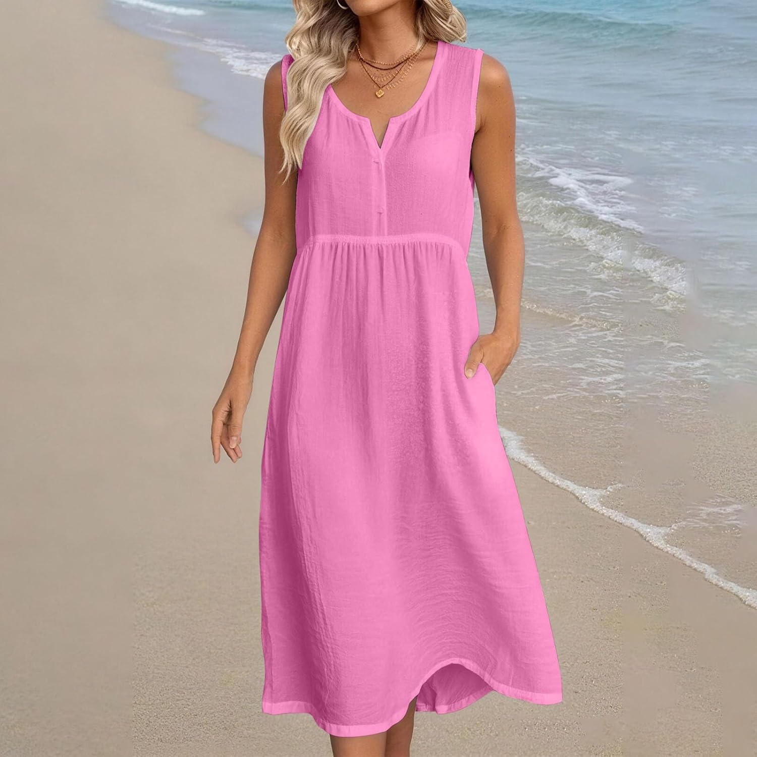 Anna Women's Dress – Linen Midi Dress V-Neck Sleeveless Pockets Fluid Cut Summer