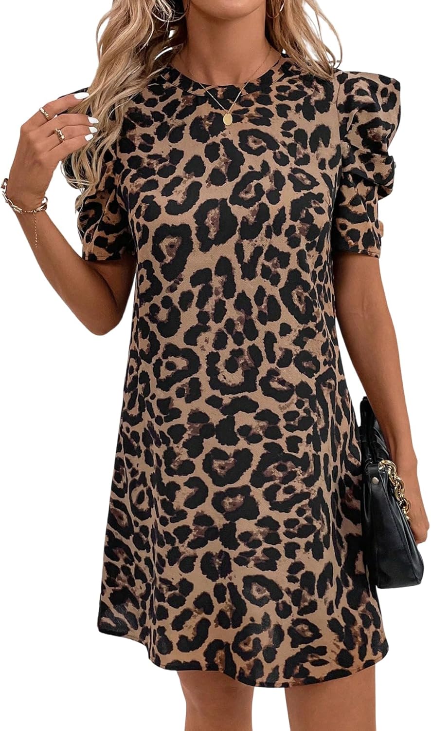 Nina Mini Dress for Women – Elegant Summer Chic Leopard Puff Sleeve Dress