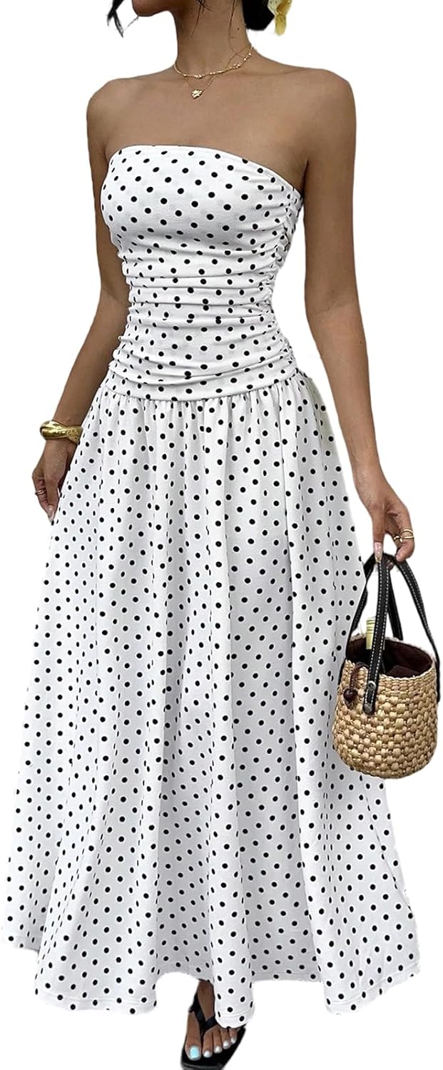 Sophie Women's Dress – Elegant Summer High-Waisted Polka Dot Strapless Maxi Dress