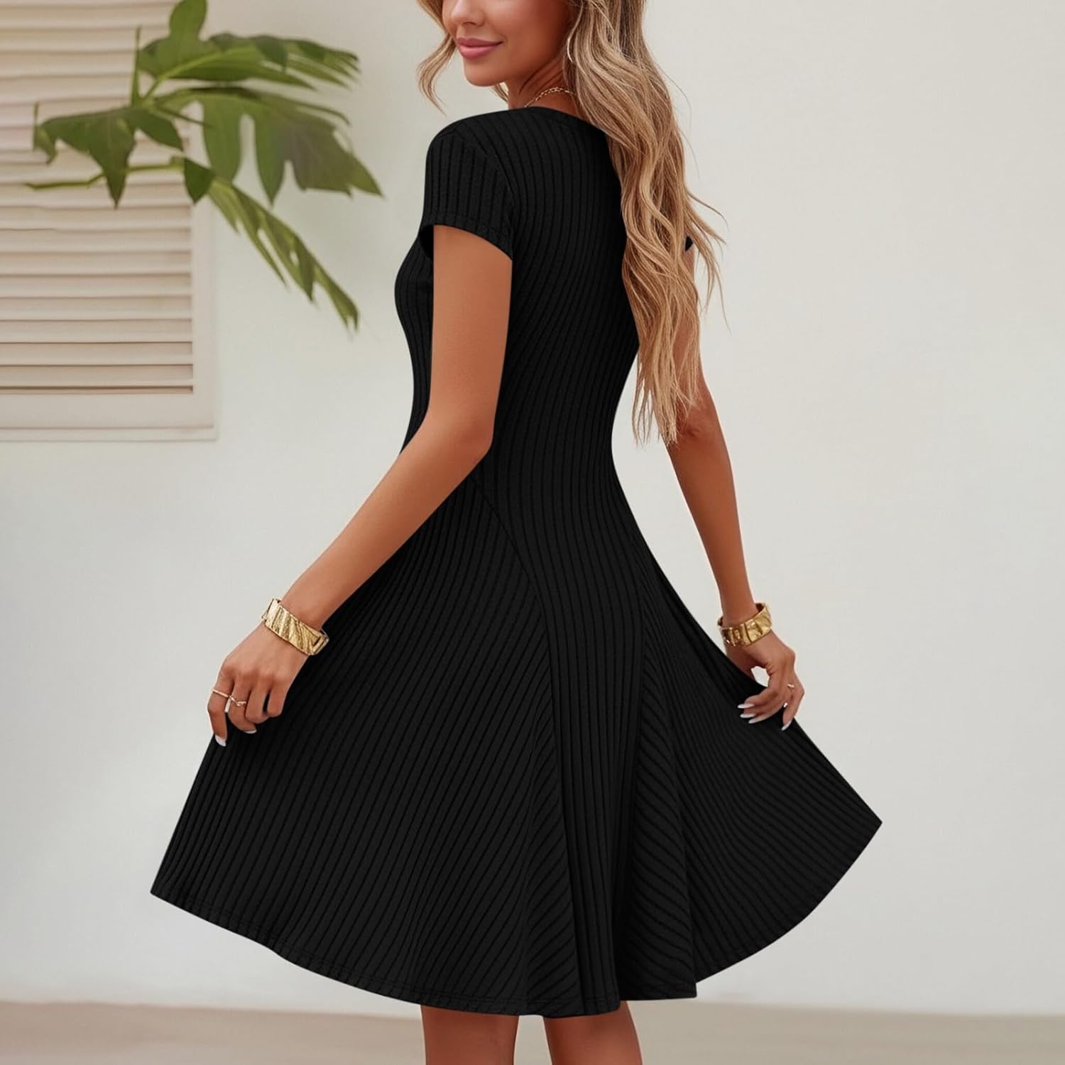 Emma Women's Robe – Elegant Ribbed Knit Midi Dress with Round Neck and Short Sleeves