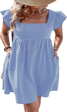 Lily Women's Robe – Midi Plaid Dress with Square Neck, Smocked, Ruffles, A-Line Summer Dress