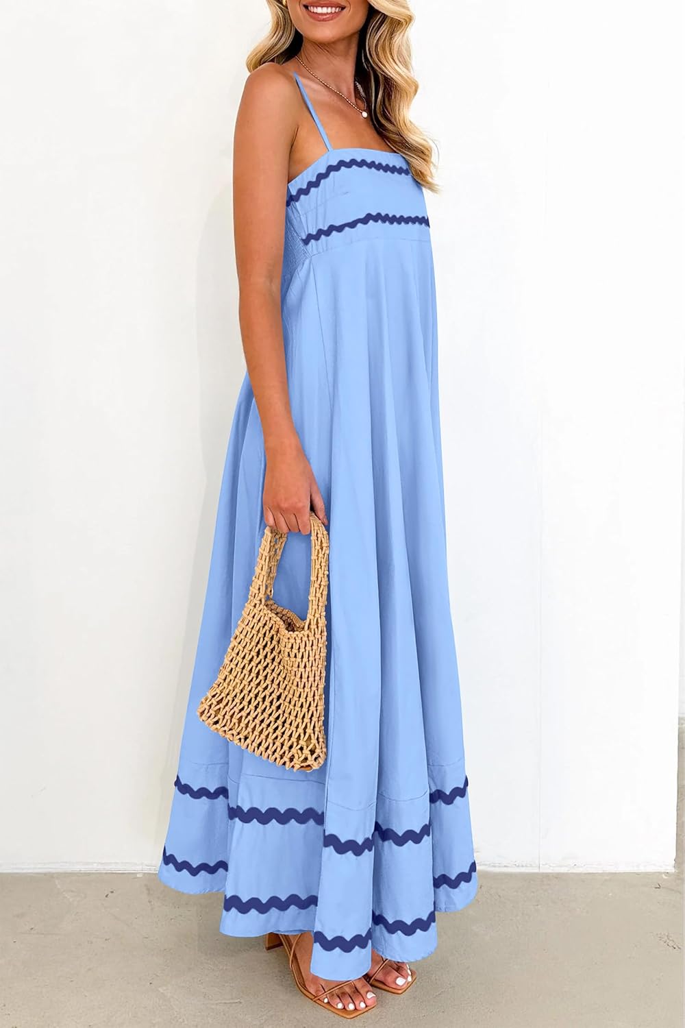 Luan Maxi Dress for Women Summer – Long Dress with Thin Straps, Square Neck, Ruffles & Flowing Cut
