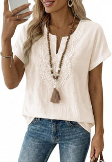 Aelina Women's Blouse – Bohemian V-Neck Top with Lace & Elegant Loose Fit