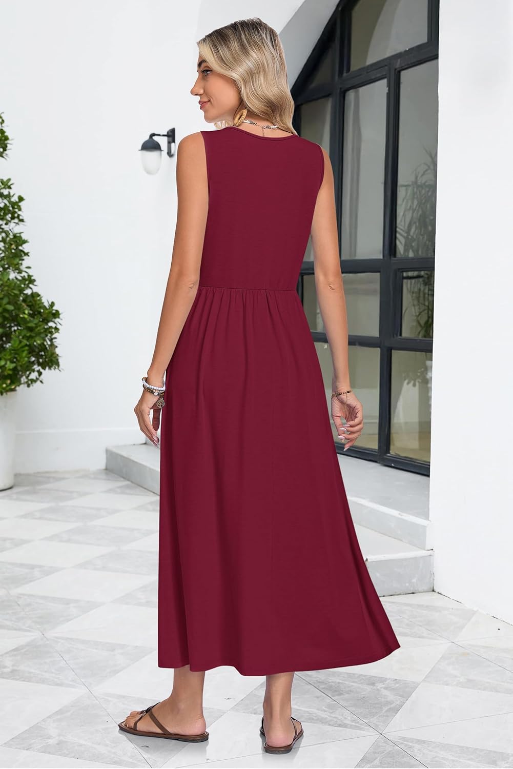 Faye Maxi Dress for Women Summer – Long V-Neck Sleeveless Dress, A-Line Cut & Pockets