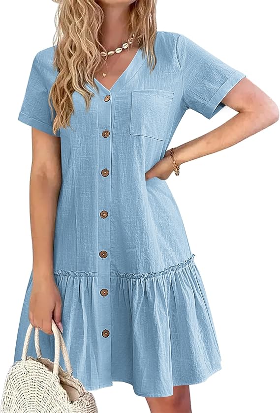 Tianka Women's Robe – Cotton & Linen, V-Neck & Loose Fit Buttoned Elegant Summer