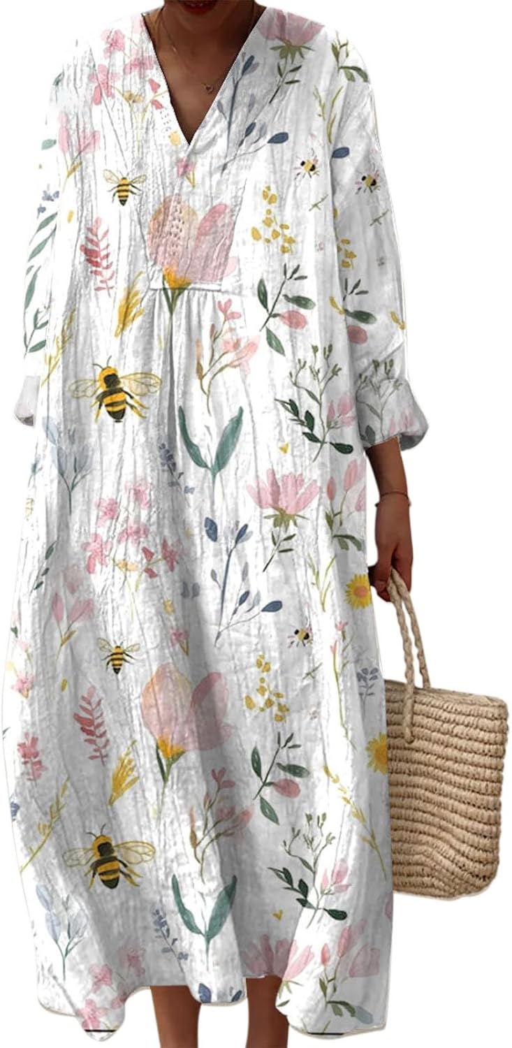 Emily Women's Robe – Midi Dress with V-Neck, Long Sleeves, Fluid A-Line Cut, Summer
