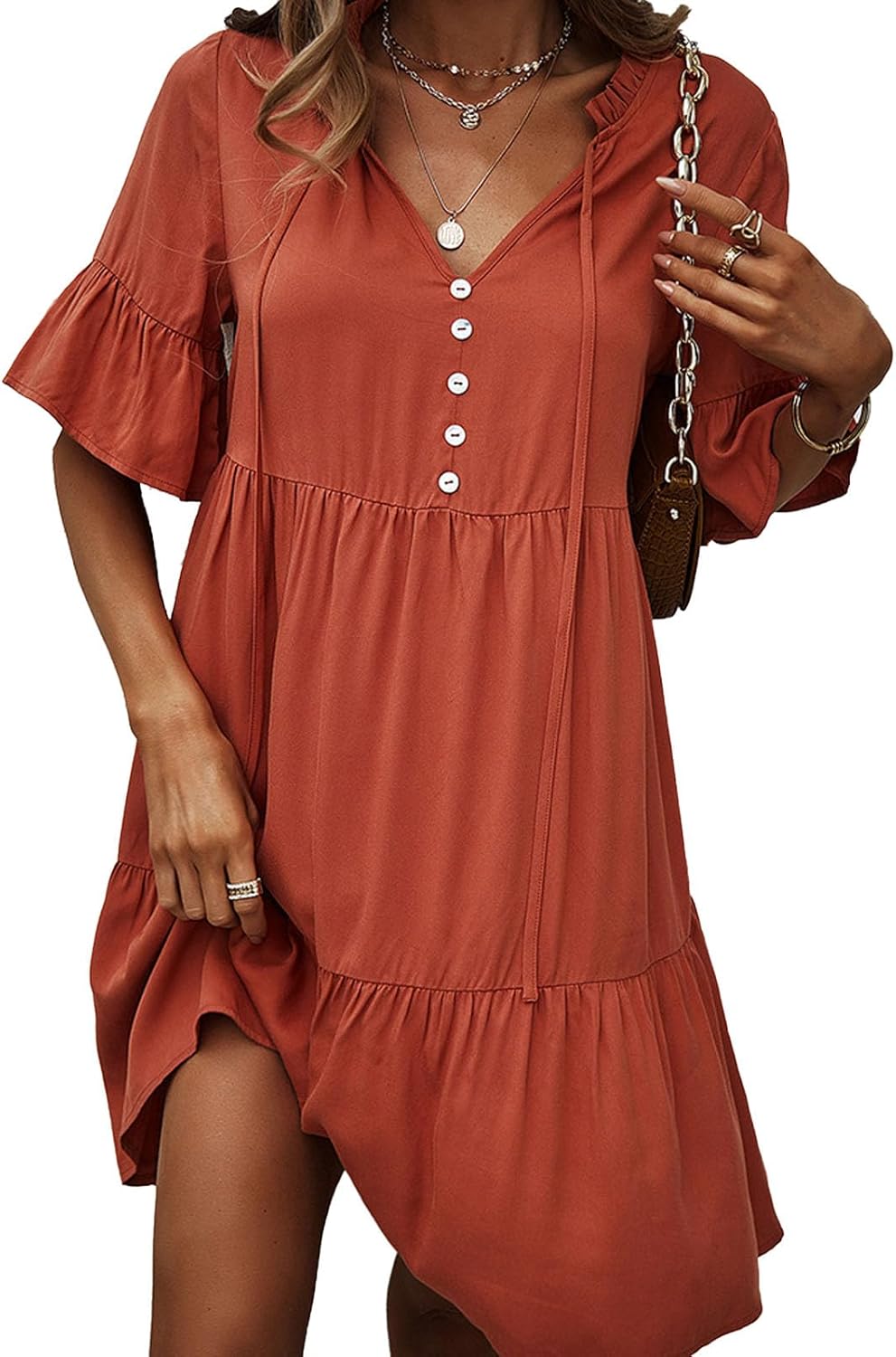 Léa Women's Dress – Mini Dress with Ruffles, V-Neck, Tied, Short Sleeves, Elegant Summer