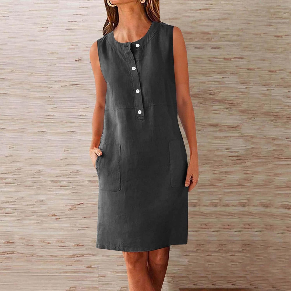 Nina Women's Dress – Mini Linen Dress with Round Neck, Sleeveless, Flowing Cut with Pockets, Summer