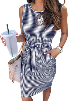 Julie Women's T-Shirt Dress – Sleeveless Striped Belted Dress with Pockets Summer