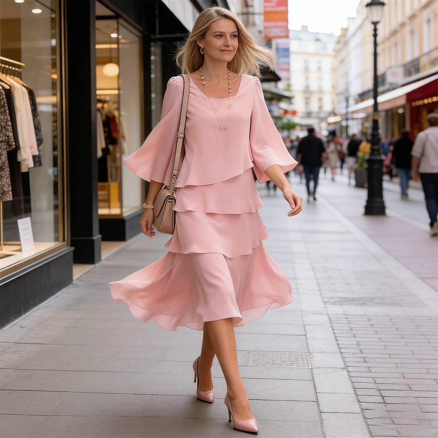 Camille Women's Dress – Elegant Midi Dress with Ruffles and Flared Sleeves for Cocktail and Wedding