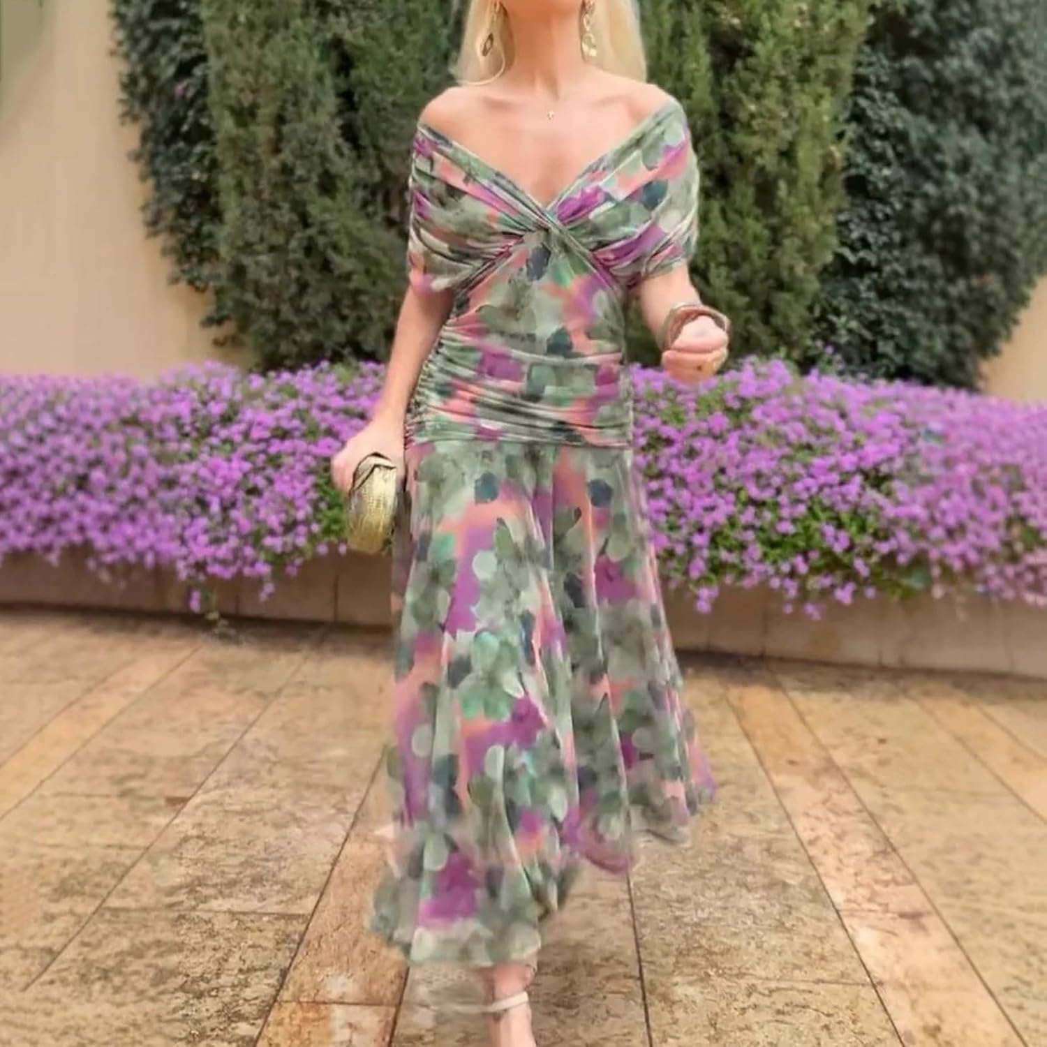 Olivia Women's Dress – Floral Cocktail Dress with Off-Shoulder and Elegant High Waist