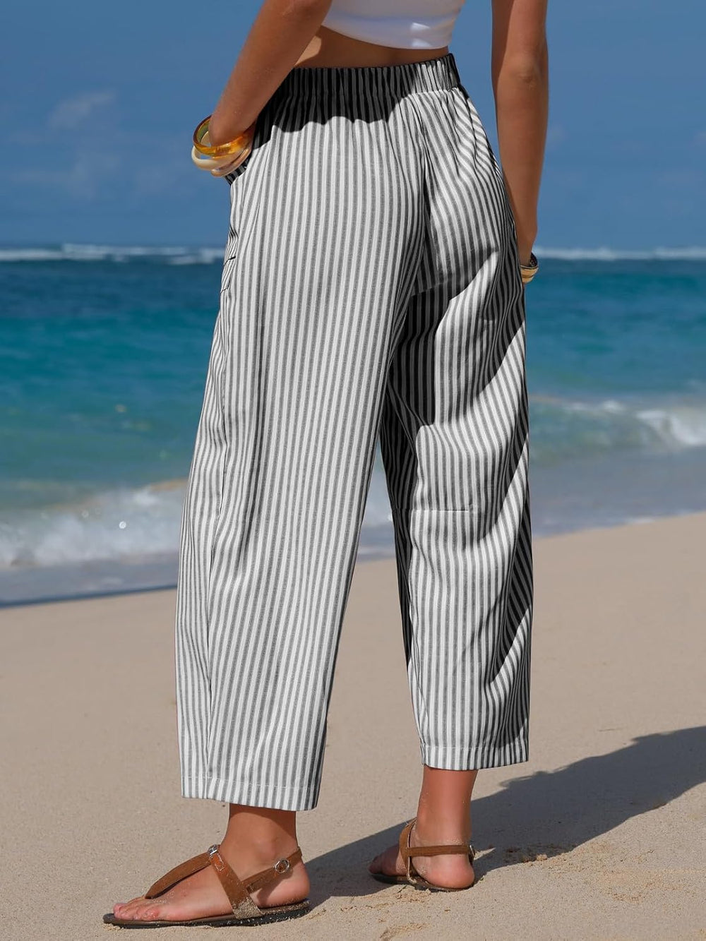Léna Women's Pants – Striped Capri Linen Effect with Elastic Waist & Pockets