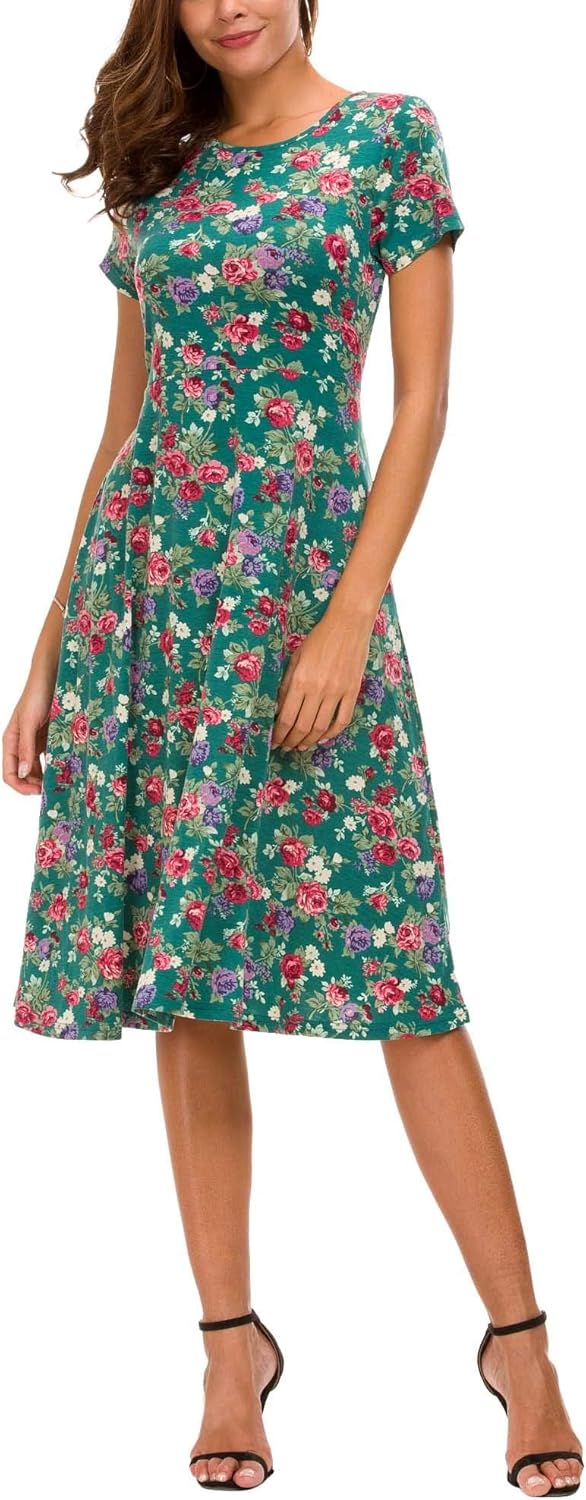 Léonie Women's Floral Midi Dress – Flared Dress with Short Sleeves and Round Neck for Summer