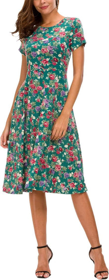 Léonie Women's Floral Midi Dress – Flared Dress with Short Sleeves and Round Neck for Summer