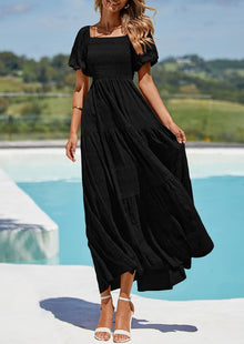 Reese Maxi Dress for Women Summer – Square Neck Smocked Dress, Puff Sleeves & Flowing Ruffles