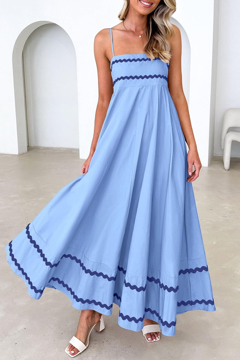 Luan Maxi Dress for Women Summer – Long Dress with Thin Straps, Square Neck, Ruffles & Flowing Cut