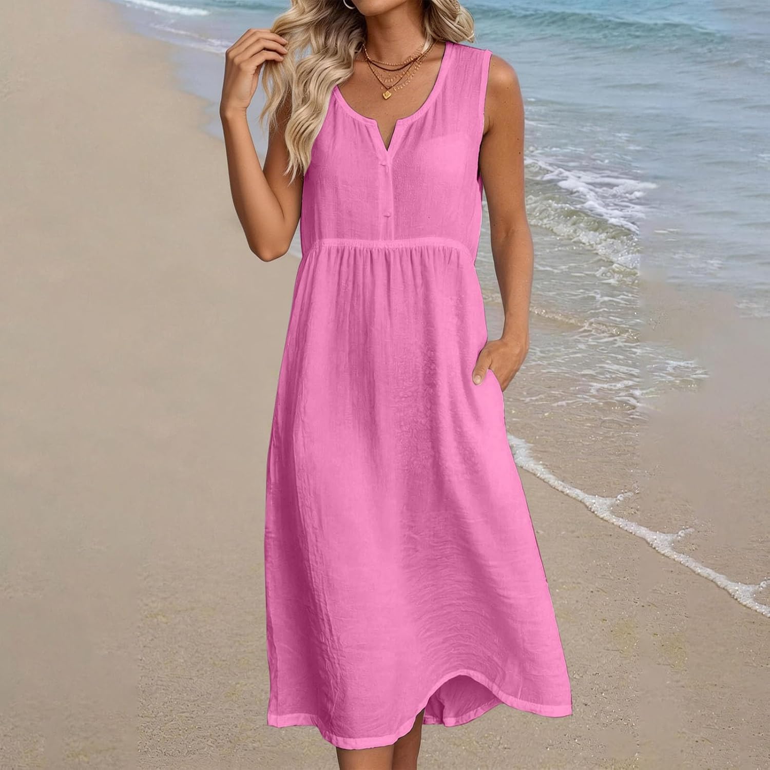 Anna Women's Dress – Linen Midi Dress V-Neck Sleeveless Pockets Fluid Cut Summer