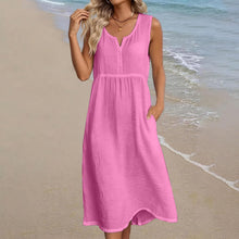 Anna Women's Dress – Linen Midi Dress V-Neck Sleeveless Pockets Fluid Cut Summer