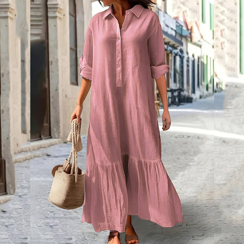 Élina Long Cotton and Linen Dress for Women – Loose Shirt Dress with Asymmetric Hem