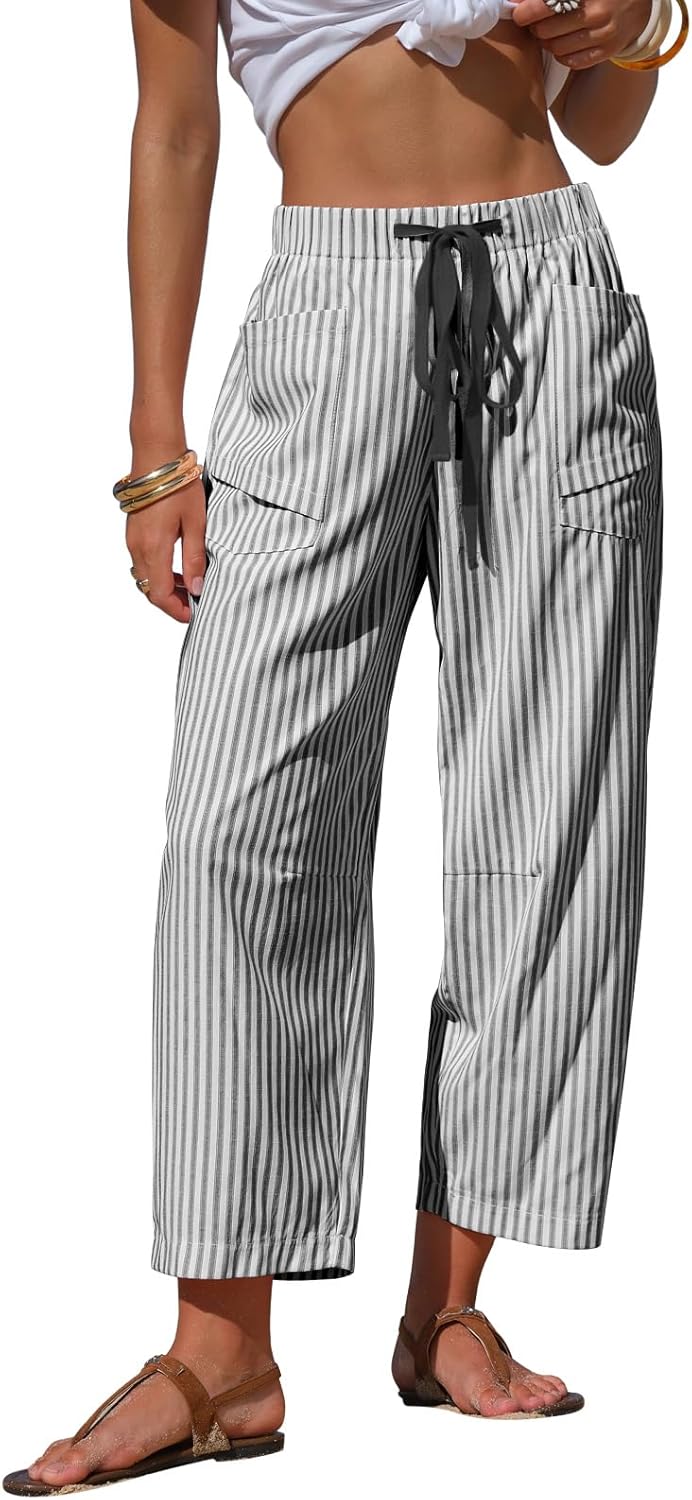 Léna Women's Pants – Striped Capri Linen Effect with Elastic Waist & Pockets
