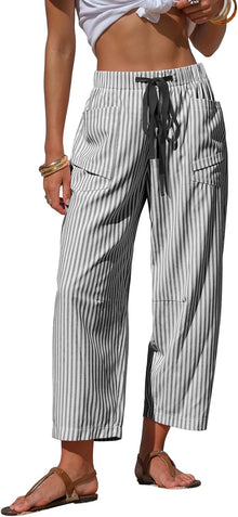 Léna Women's Pants – Striped Capri Linen Effect with Elastic Waist & Pockets