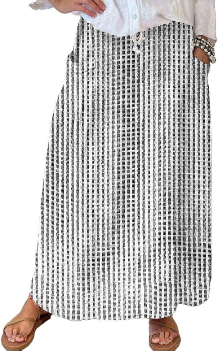 Lorry Maxi Skirt for Women – Striped Cotton High-Waisted Skirt, Flowing & with Pockets