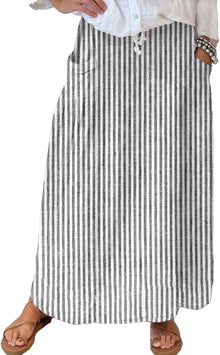 Lorry Maxi Skirt for Women – Striped Cotton High-Waisted Skirt, Flowing & with Pockets