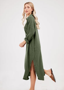 Emma Long Robe Chemise for Women – Buttoned Linen Cotton Dress with Slits and Pockets