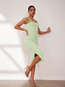 Emma Midi Dress for Women – Fitted Ribbed Knit Dress with Square Neck and Side Slit, Chic Summer Style