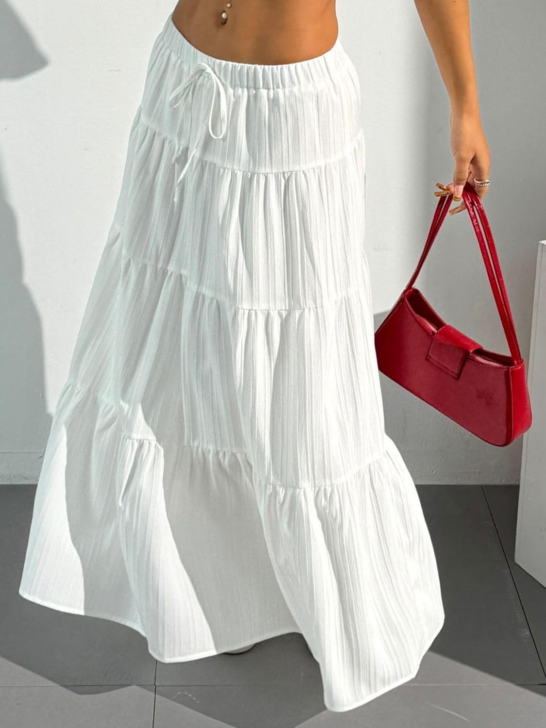 Dori Maxi Skirt for Women – White Bohemian Ruffled High-Waist A-Line Skirt