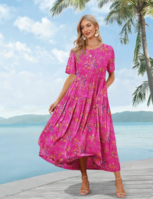 Laurice Women's Bohemian Maxi Dress – Long Floral Dress with Short Sleeves, High Waist & Pockets