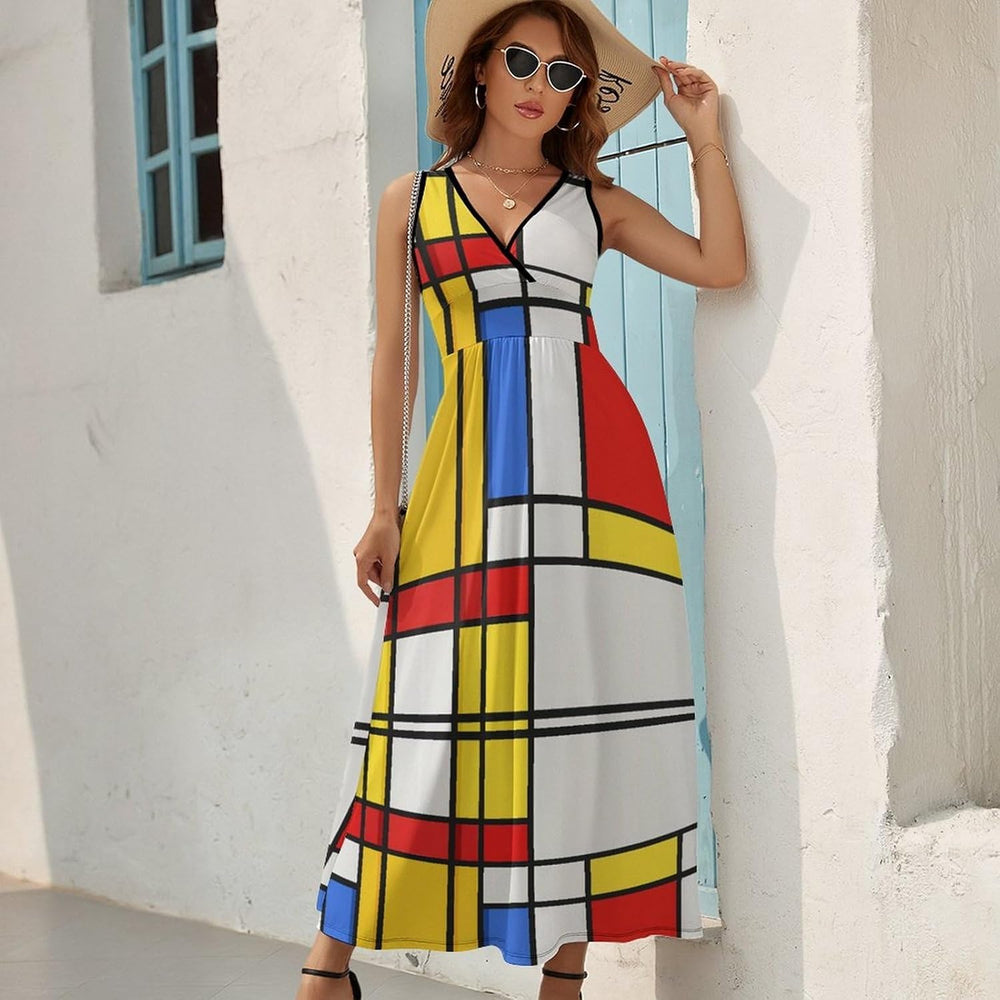 Lena Women's Dress – Sleeveless V-Neck Maxi Dress High Waist Modern Pattern Summer