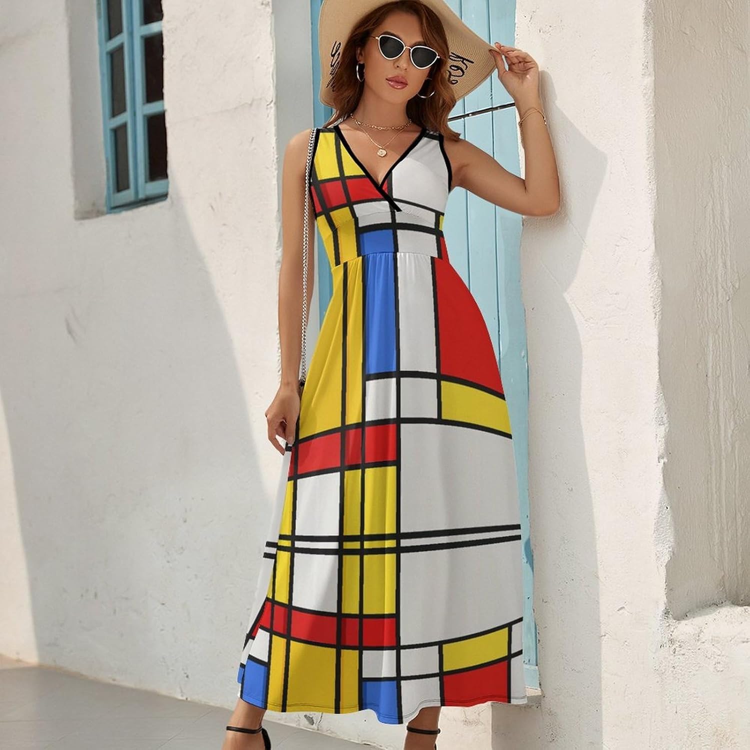 Lena Women's Dress – Sleeveless V-Neck Maxi Dress High Waist Modern Pattern Summer