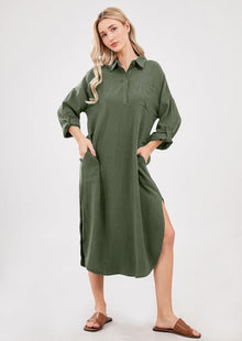 Emma Long Robe Chemise for Women – Buttoned Linen Cotton Dress with Slits and Pockets