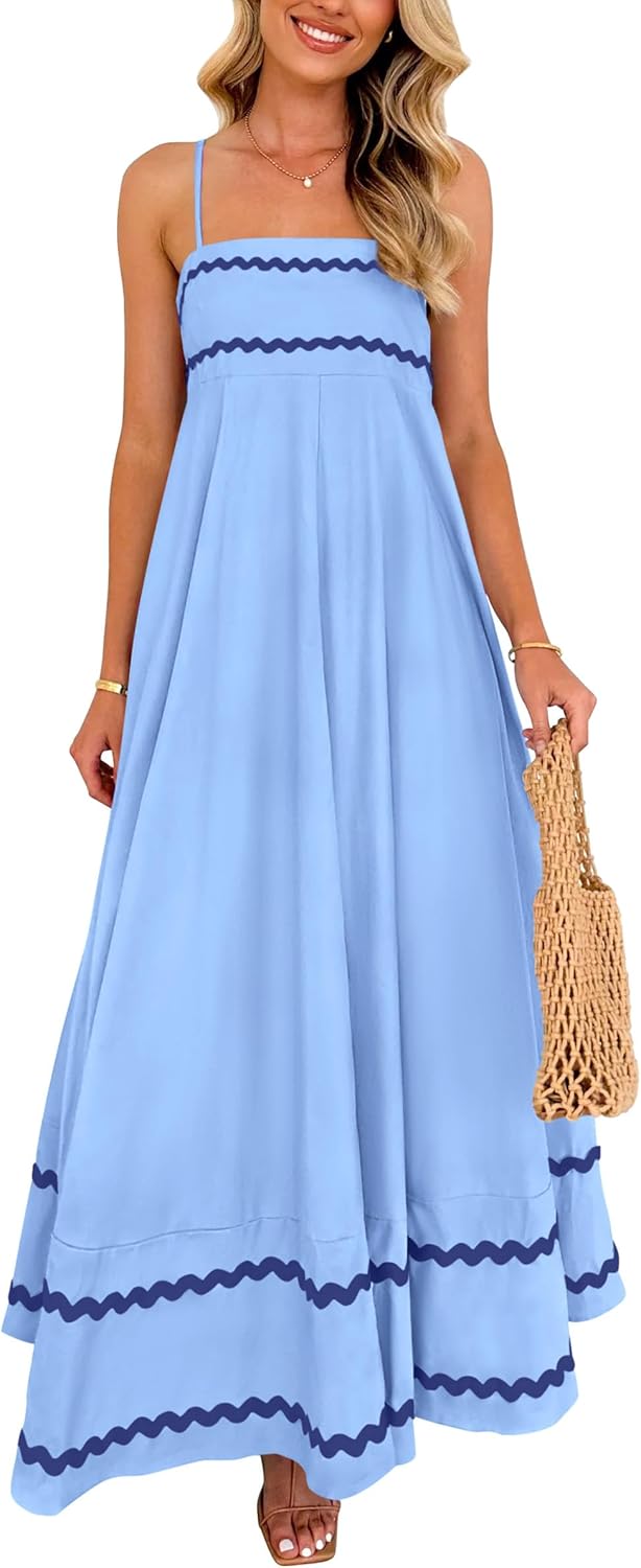 Luan Maxi Dress for Women Summer – Long Dress with Thin Straps, Square Neck, Ruffles & Flowing Cut
